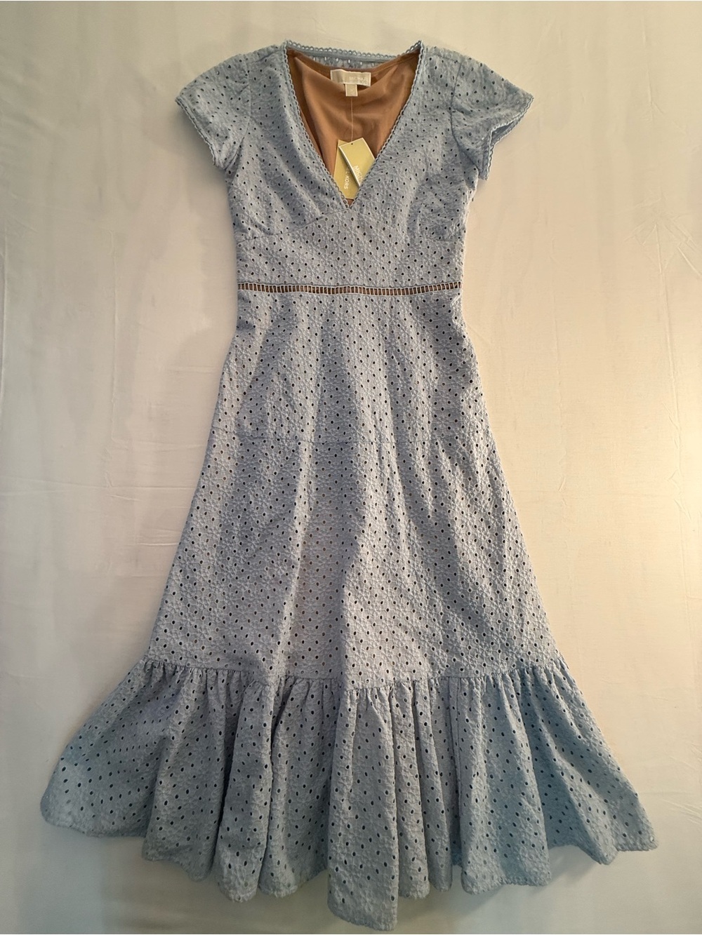 Michael Kors Light Blue Eyelet Midi Dress with V-Neckline